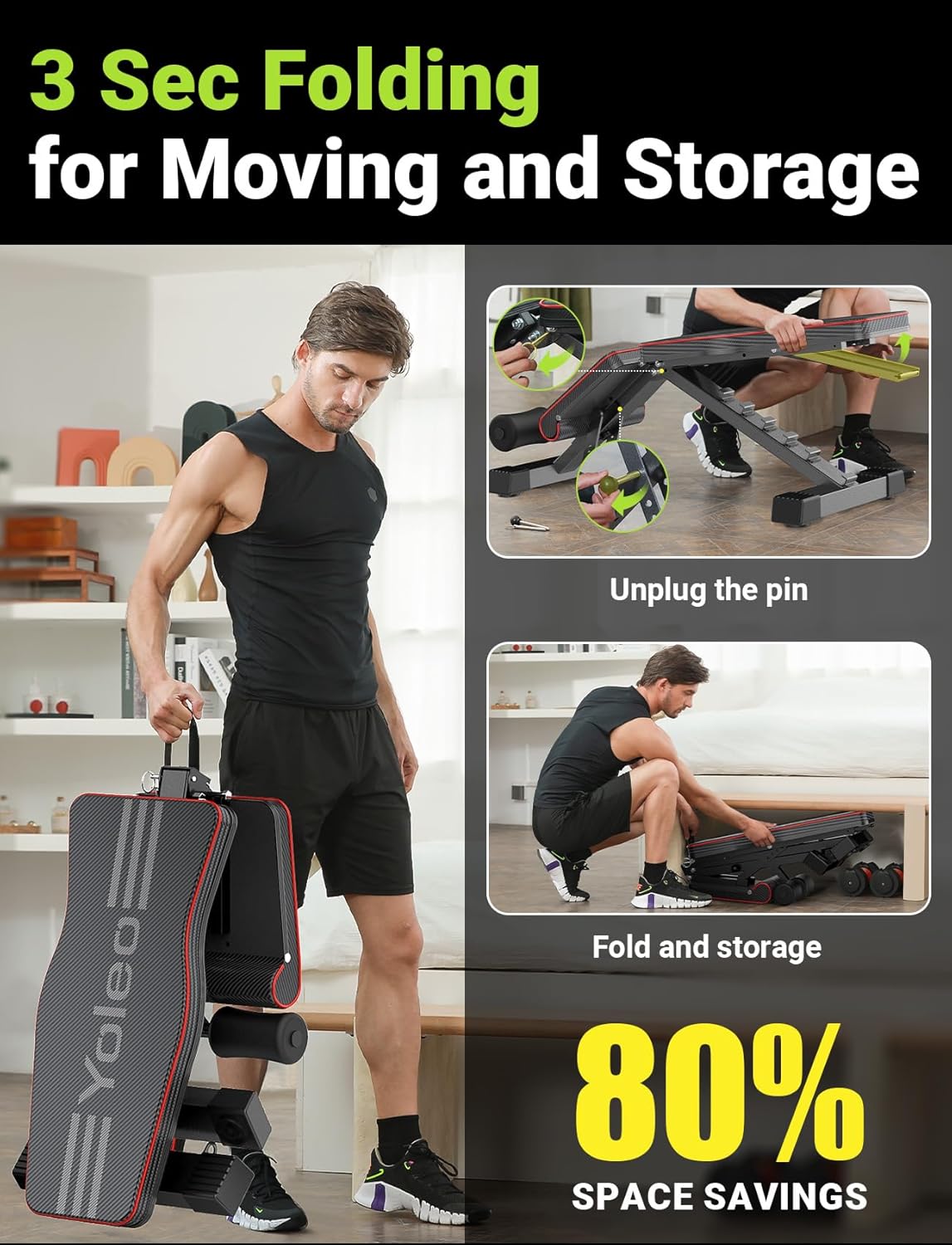 Yoleo Adjustable Weight Bench – Foldable Full Body Workout Bench for Home Gym, Incline/Decline/Flat Positions