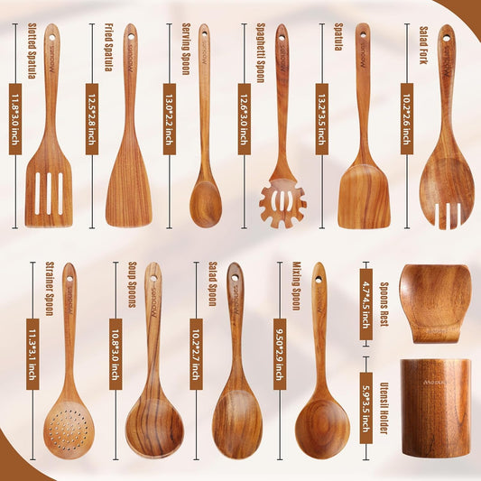 Natural Teak Wooden Kitchen Utensil Set with Spoon Rest - Comfort Grip Cooking Spoons and Utensils Holder