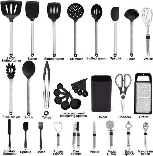 33-Piece Silicone Kitchen Utensil Set – Cooking Tools & Gadgets with Stainless Steel Handles, Nonstick Cookware Safe