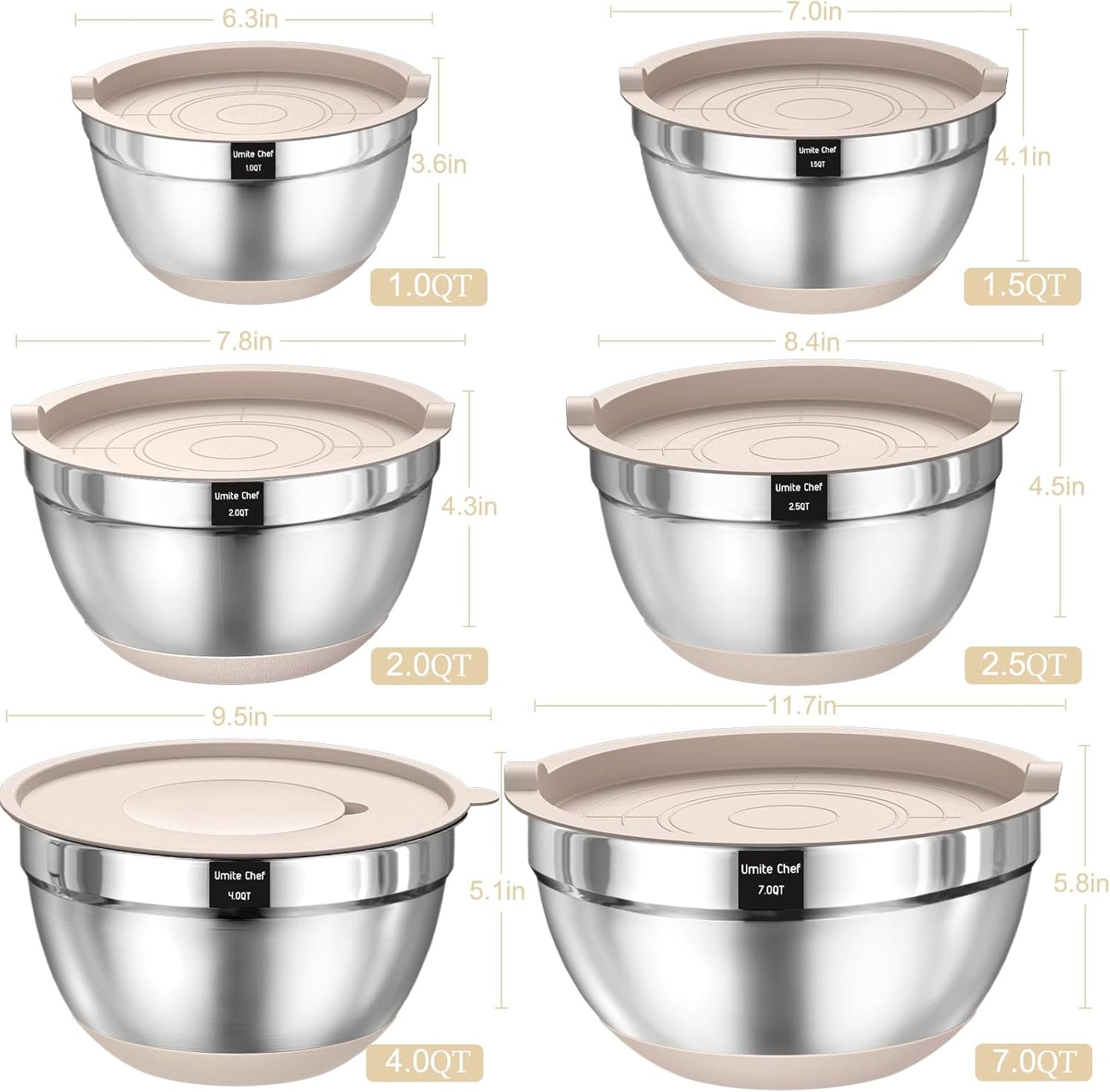 26-Piece Mixing Bowls with Airtight Lids – Stainless Steel Bowl Set with Graters, Non-Slip Bottoms & Kitchen Gadgets (7, 4, 2.5, 2, 1.5, 1QT)