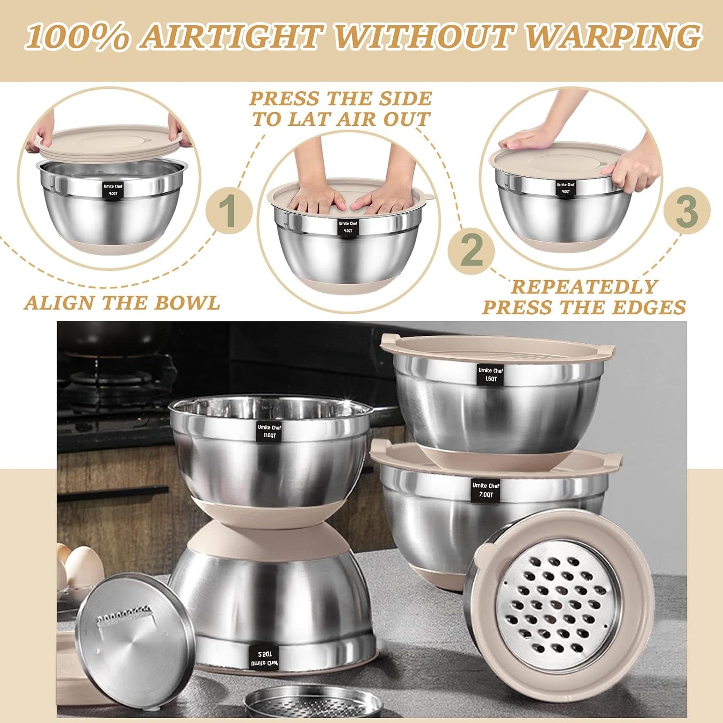26-Piece Mixing Bowls with Airtight Lids – Stainless Steel Bowl Set with Graters, Non-Slip Bottoms & Kitchen Gadgets (7, 4, 2.5, 2, 1.5, 1QT)