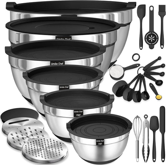 26-Piece Mixing Bowls with Airtight Lids – Stainless Steel Bowl Set with Graters, Non-Slip Bottoms & Kitchen Gadgets (7, 4, 2.5, 2, 1.5, 1QT)