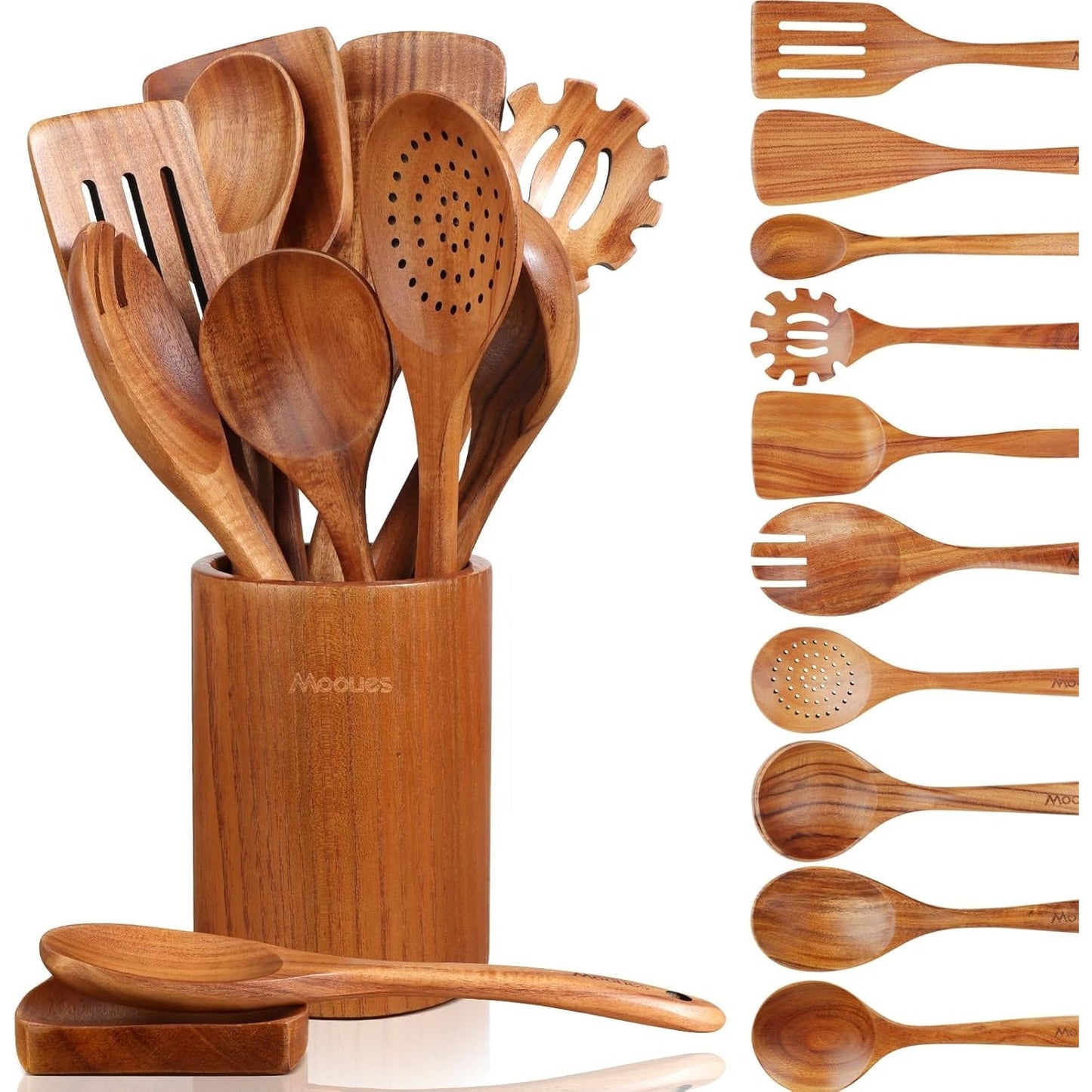 Natural Teak Wooden Kitchen Utensil Set with Spoon Rest - Comfort Grip Cooking Spoons and Utensils Holder