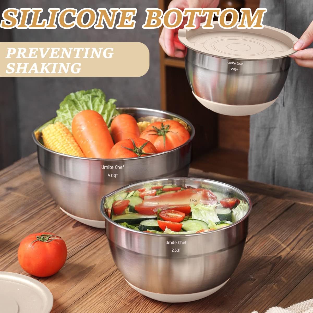 26-Piece Mixing Bowls with Airtight Lids – Stainless Steel Bowl Set with Graters, Non-Slip Bottoms & Kitchen Gadgets (7, 4, 2.5, 2, 1.5, 1QT)