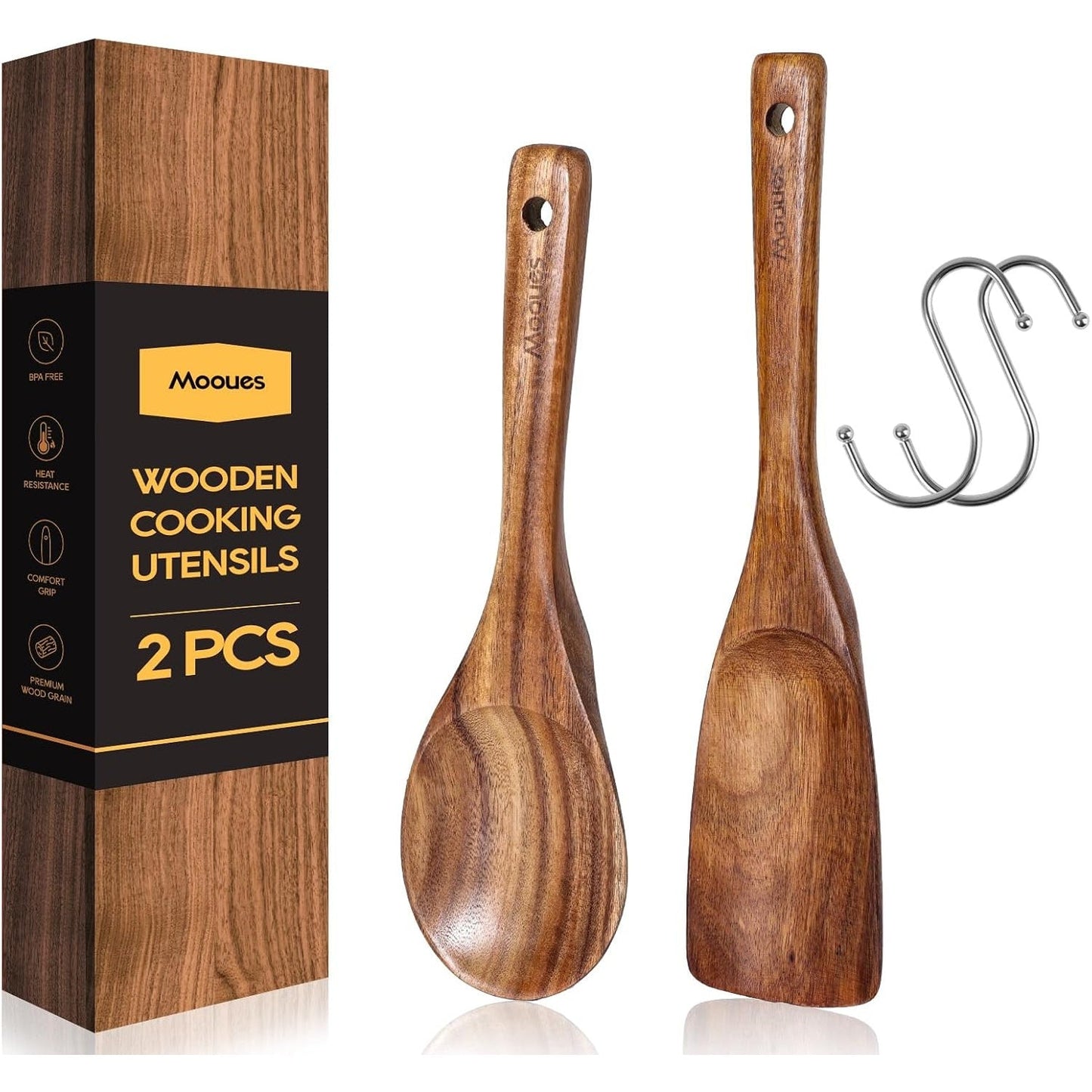 Natural Teak Wooden Kitchen Utensil Set with Spoon Rest - Comfort Grip Cooking Spoons and Utensils Holder