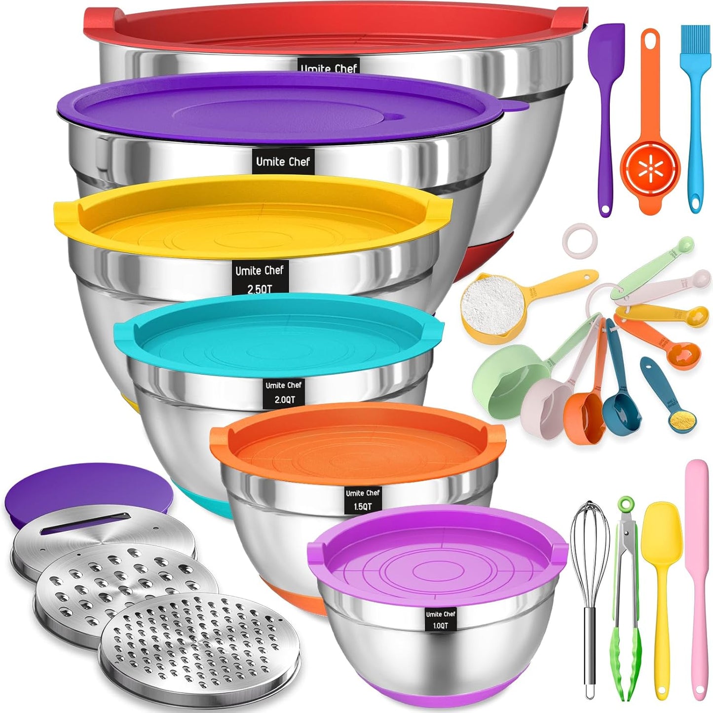 26-Piece Mixing Bowls with Airtight Lids – Stainless Steel Bowl Set with Graters, Non-Slip Bottoms & Kitchen Gadgets (7, 4, 2.5, 2, 1.5, 1QT)
