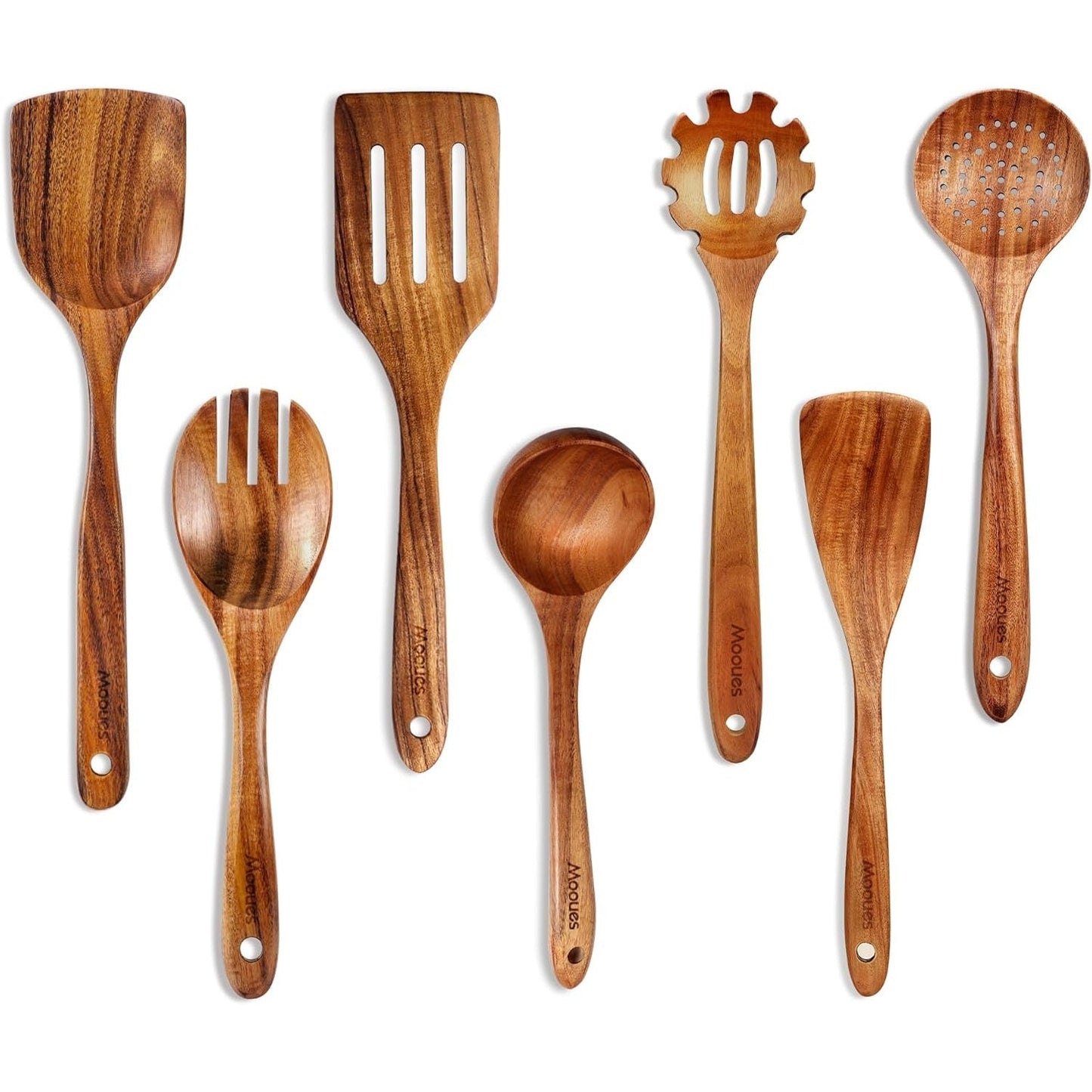 Natural Teak Wooden Kitchen Utensil Set with Spoon Rest - Comfort Grip Cooking Spoons and Utensils Holder