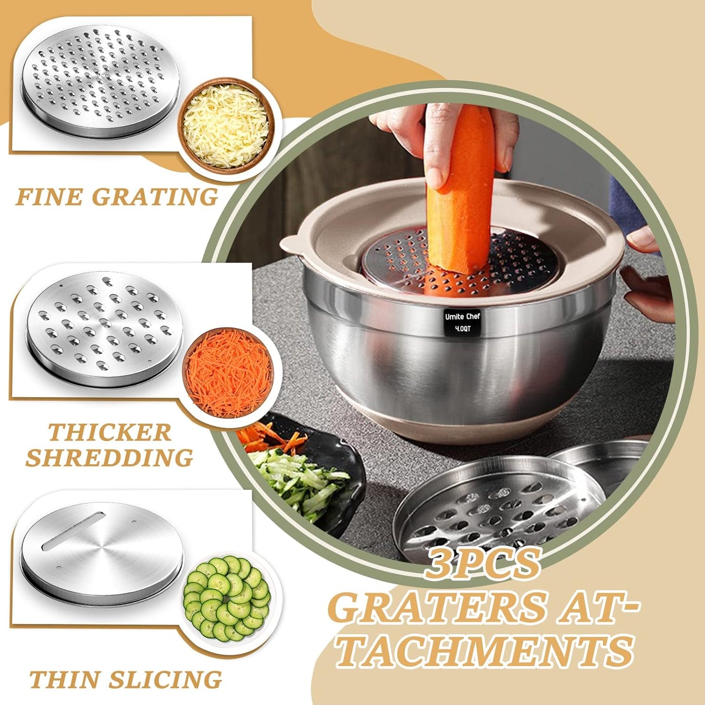 26-Piece Mixing Bowls with Airtight Lids – Stainless Steel Bowl Set with Graters, Non-Slip Bottoms & Kitchen Gadgets (7, 4, 2.5, 2, 1.5, 1QT)