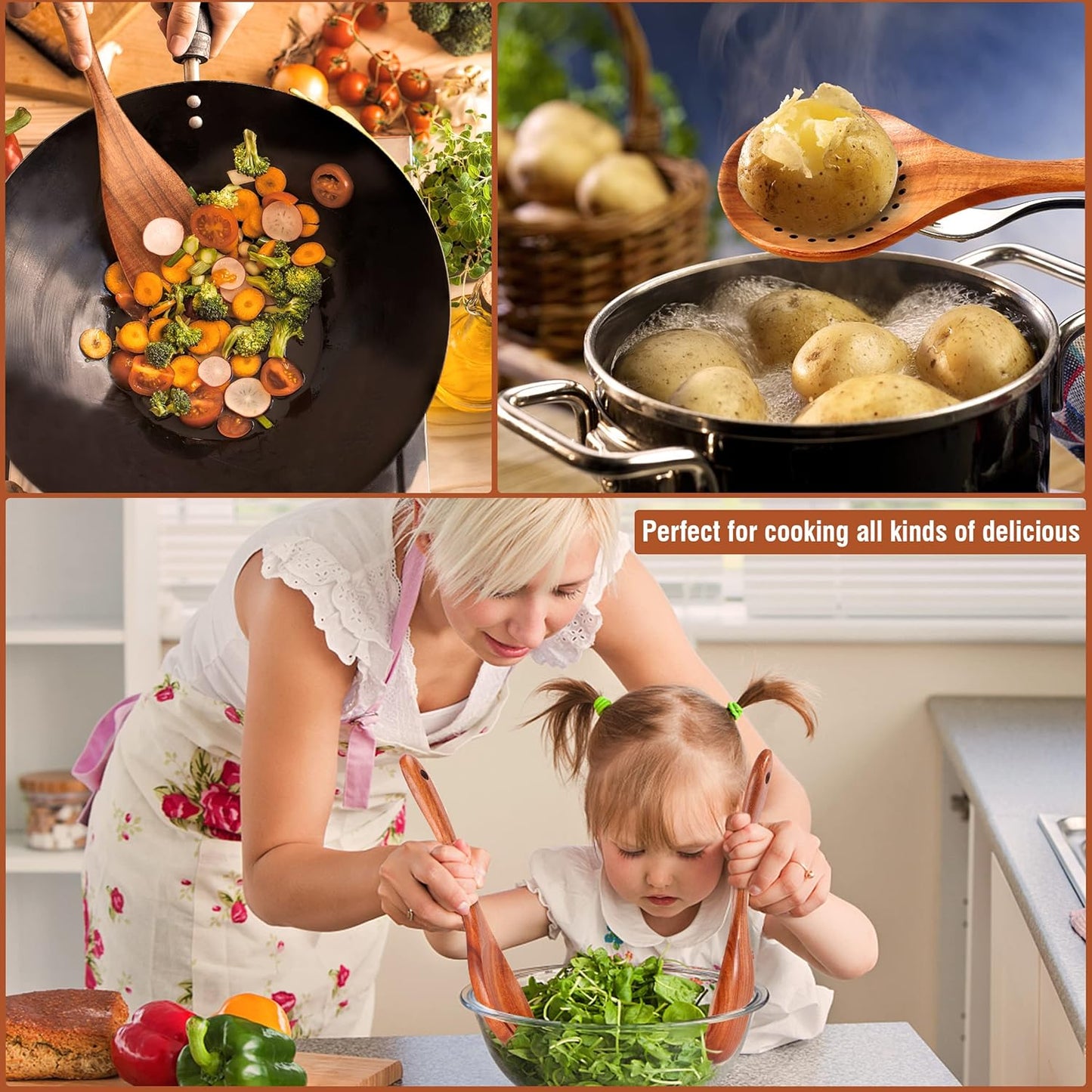 Natural Teak Wooden Kitchen Utensil Set with Spoon Rest - Comfort Grip Cooking Spoons and Utensils Holder