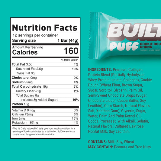 Built Bar, Puff Protein Bars, 15g Protein Snacks, Only 160 Calories, 8g Sugar, Collagen, Not Gluten Free, 12 Count