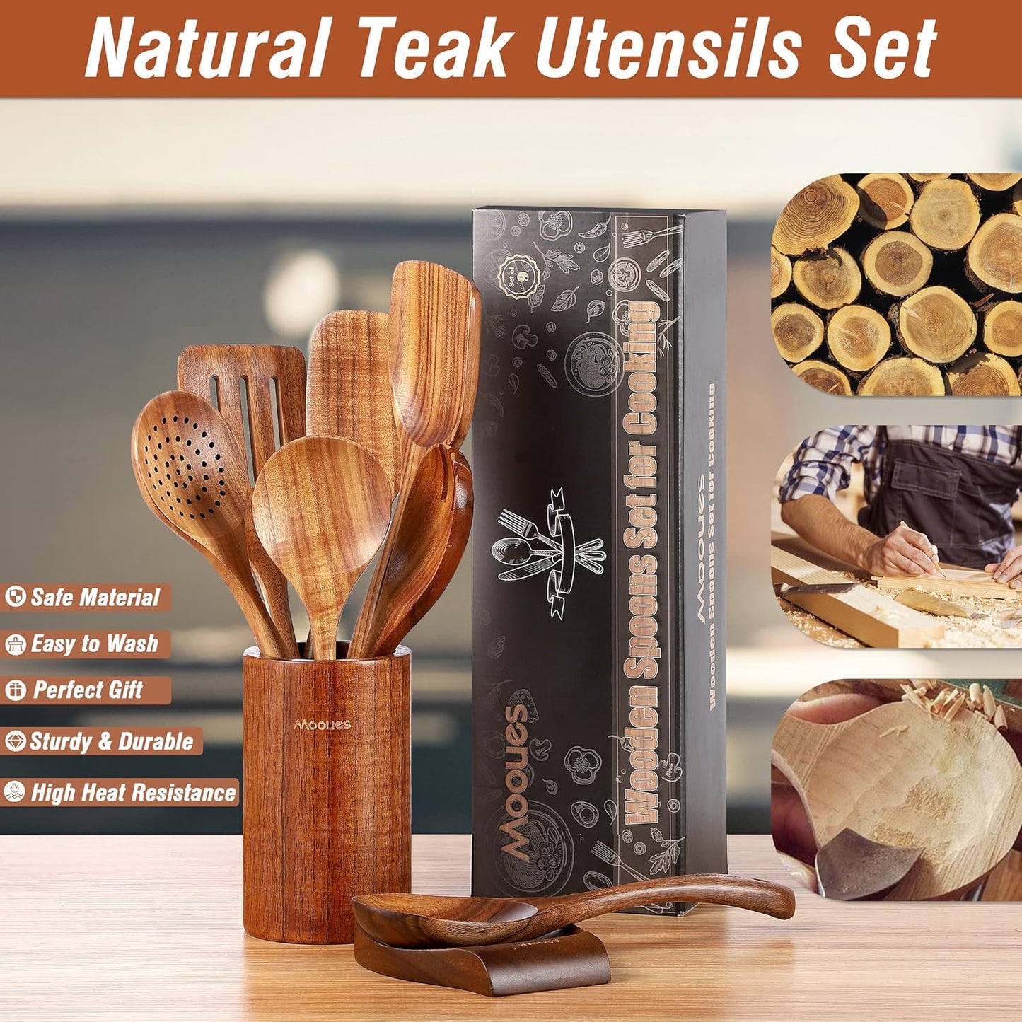 Natural Teak Wooden Kitchen Utensil Set with Spoon Rest - Comfort Grip Cooking Spoons and Utensils Holder