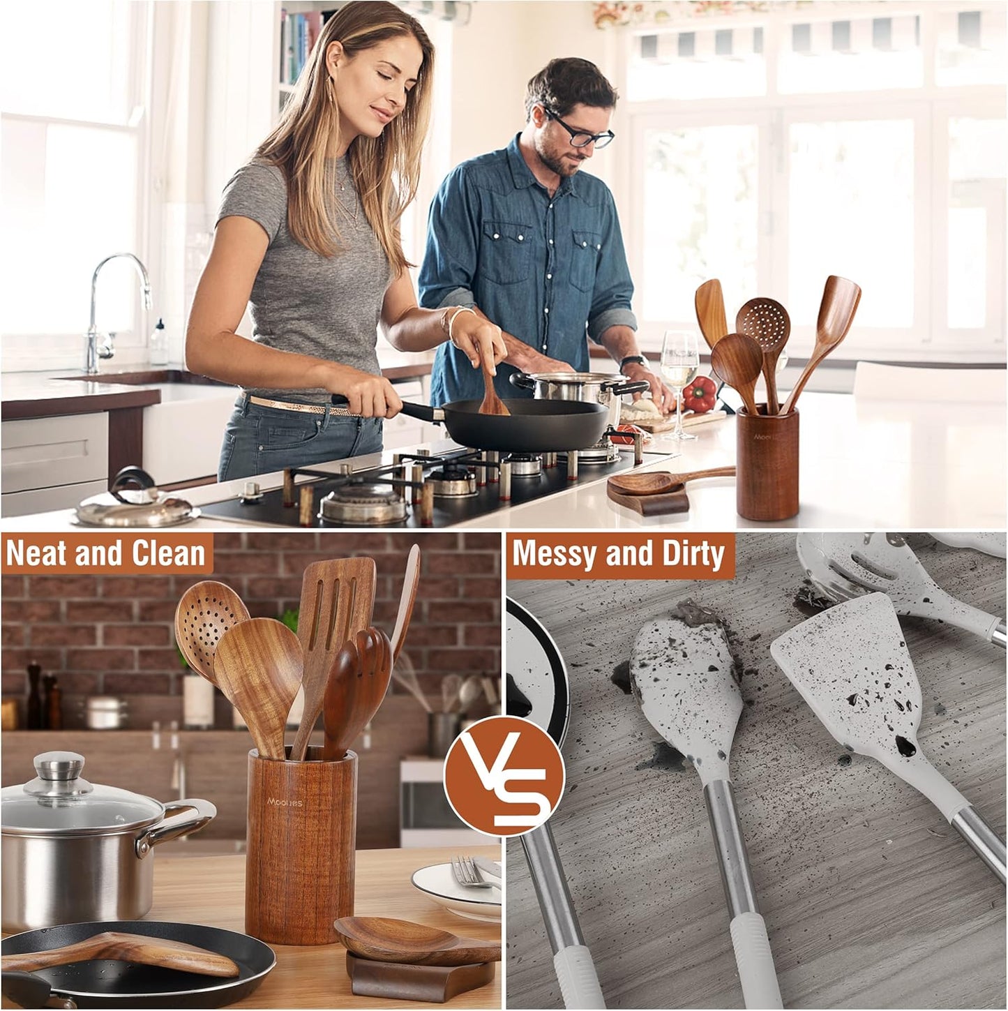 Natural Teak Wooden Kitchen Utensil Set with Spoon Rest - Comfort Grip Cooking Spoons and Utensils Holder