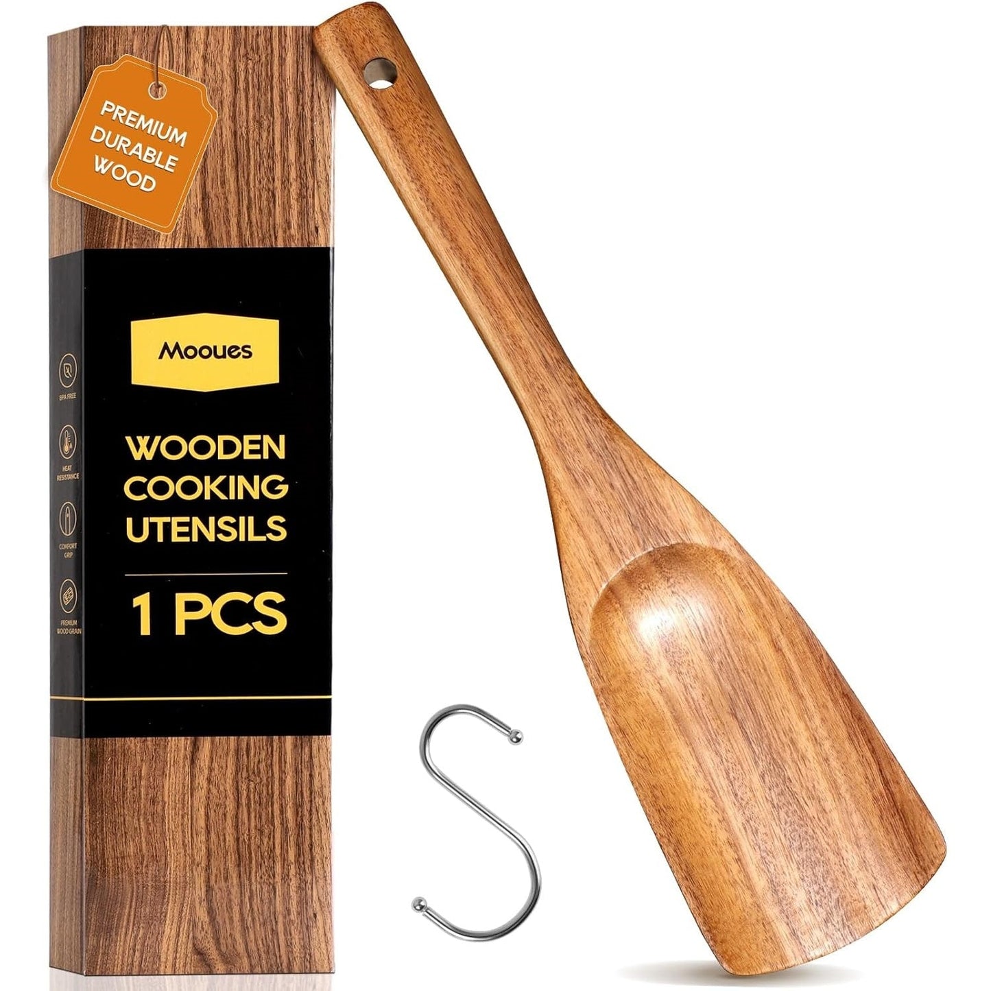 Natural Teak Wooden Kitchen Utensil Set with Spoon Rest - Comfort Grip Cooking Spoons and Utensils Holder