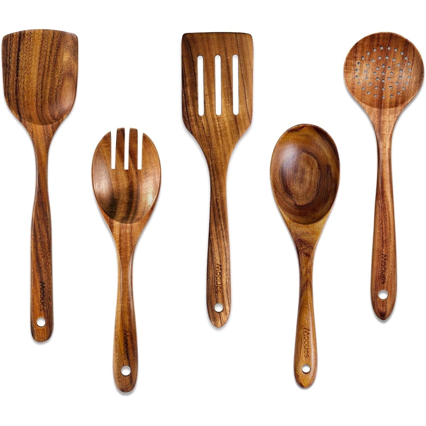 Natural Teak Wooden Kitchen Utensil Set with Spoon Rest - Comfort Grip Cooking Spoons and Utensils Holder