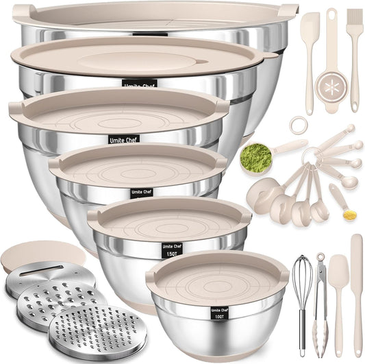 26-Piece Mixing Bowls with Airtight Lids – Stainless Steel Bowl Set with Graters, Non-Slip Bottoms & Kitchen Gadgets (7, 4, 2.5, 2, 1.5, 1QT)