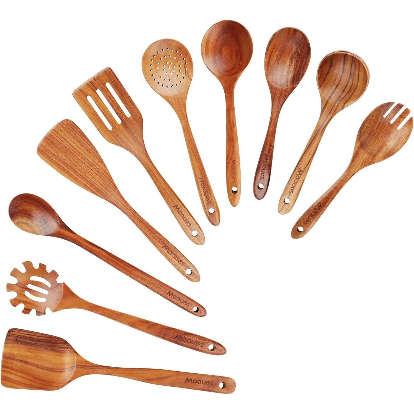 Natural Teak Wooden Kitchen Utensil Set with Spoon Rest - Comfort Grip Cooking Spoons and Utensils Holder