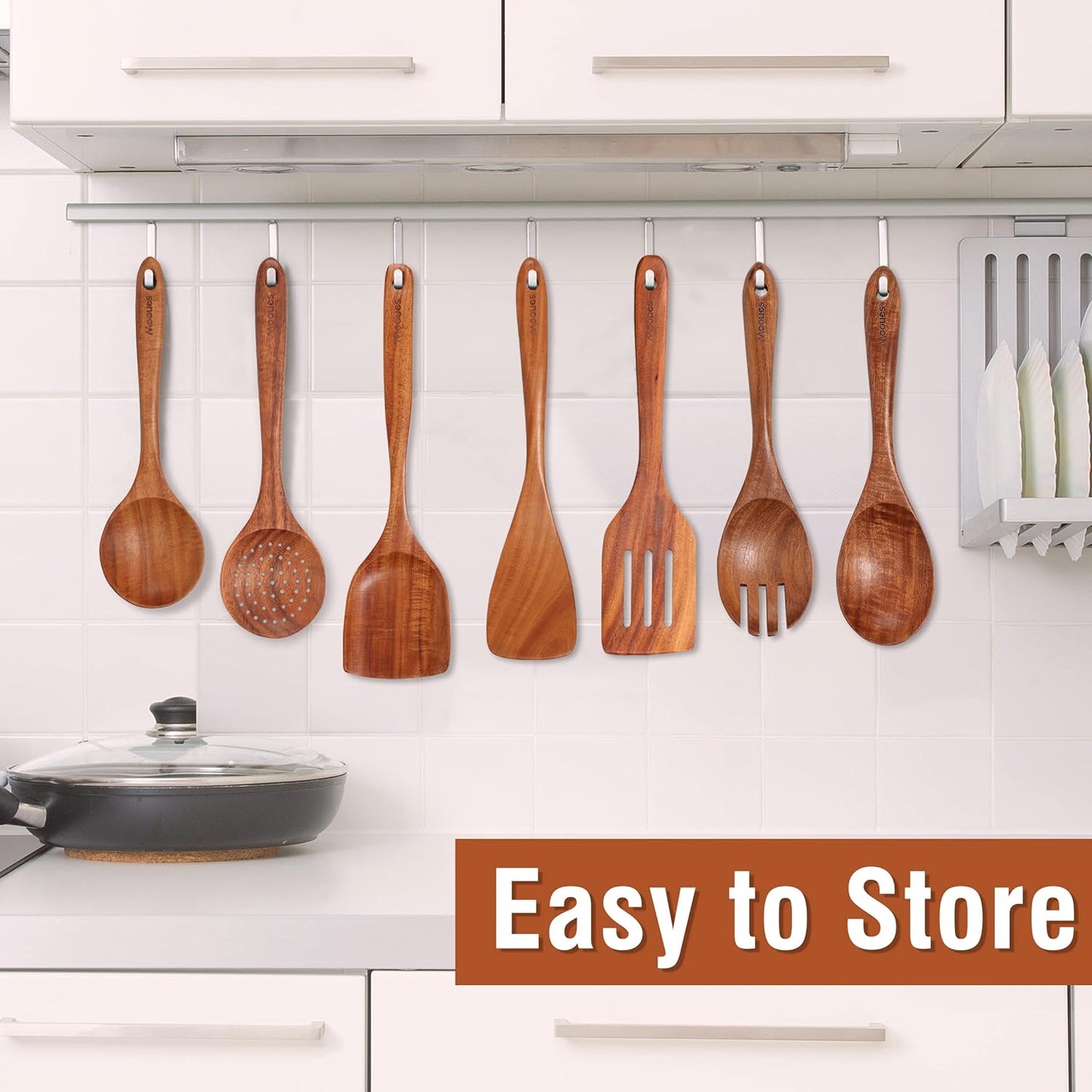Natural Teak Wooden Kitchen Utensil Set with Spoon Rest - Comfort Grip Cooking Spoons and Utensils Holder