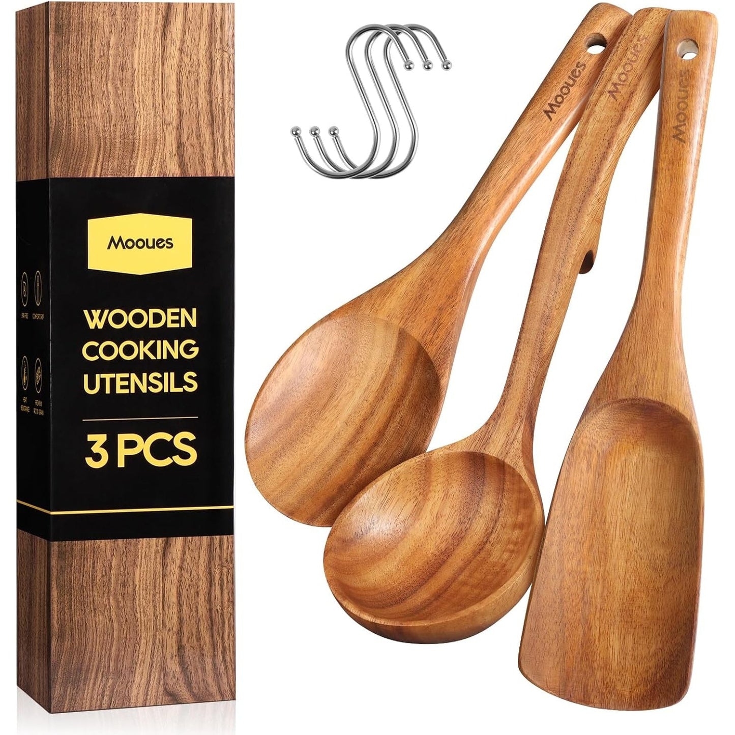 Natural Teak Wooden Kitchen Utensil Set with Spoon Rest - Comfort Grip Cooking Spoons and Utensils Holder