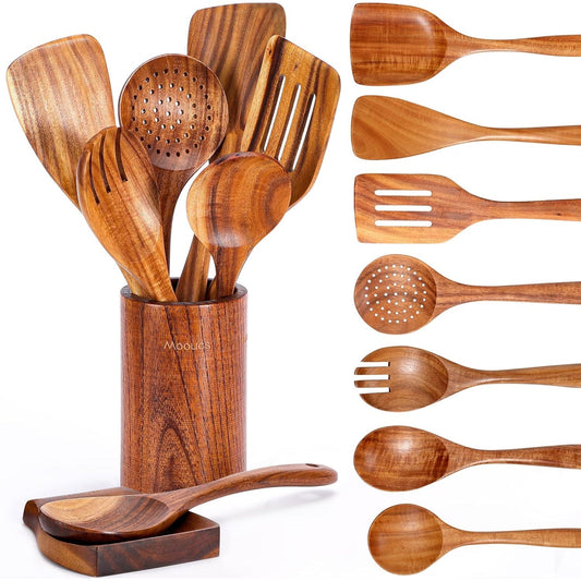 Natural Teak Wooden Kitchen Utensil Set with Spoon Rest - Comfort Grip Cooking Spoons and Utensils Holder