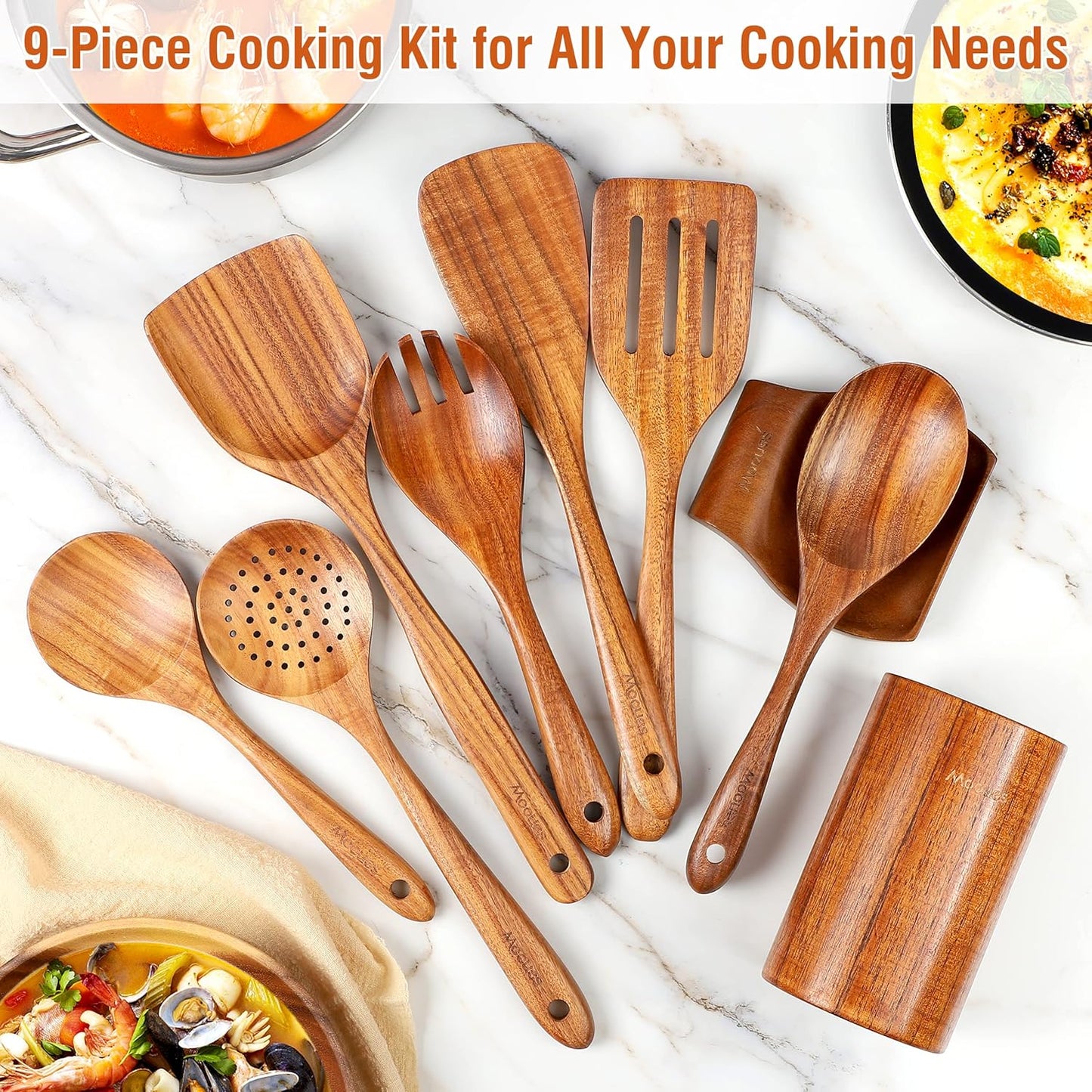 Natural Teak Wooden Kitchen Utensil Set with Spoon Rest - Comfort Grip Cooking Spoons and Utensils Holder